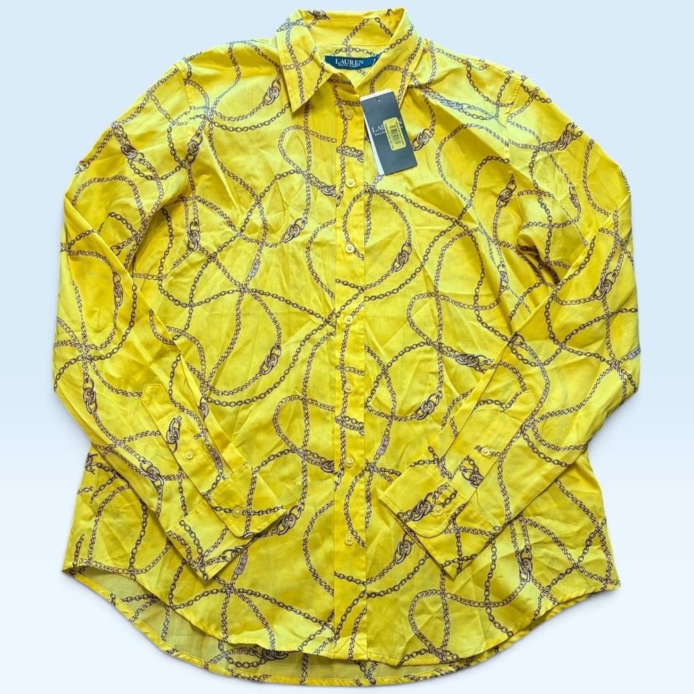Lauren Ralph Lauren Shirt Womens 1X Yellow Chain Print Long Sleeve Button Up